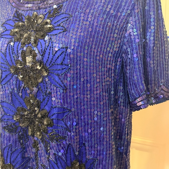 Royal Feelings Blue Hand Beaded Sequin Embellished Silk Top - Picture 4 of 7
